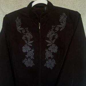 Jacket Top Womens M Black Embroidery Corduroy Zip Front Fitted Peplum Floral
